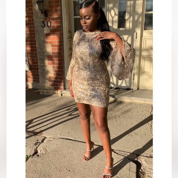 Worn Once Gold Floral Sequin Dress by Aidan Mattox Size 2-4 - Picture 1 of 4